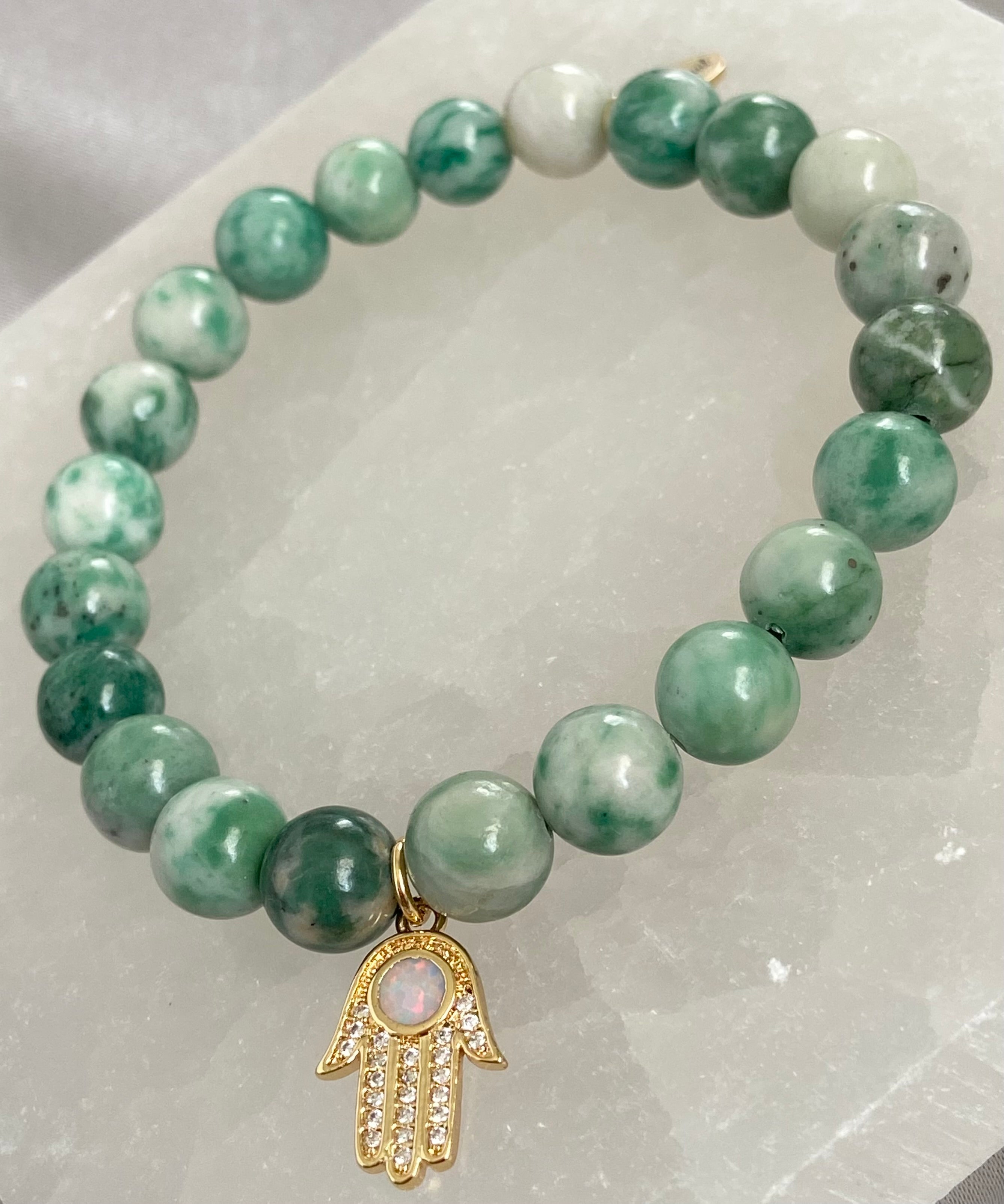 Qinghai Jade Gold-Filled Opal Hamsa Bracelet