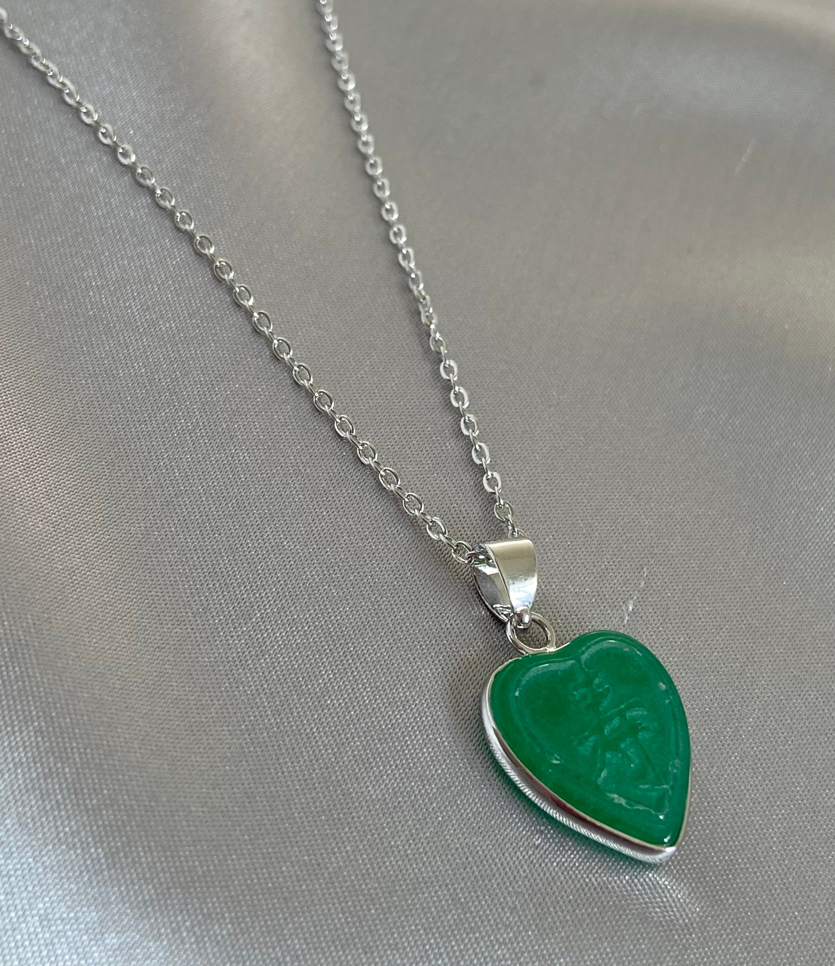 Good Fortune Heart Jade Necklace Silver