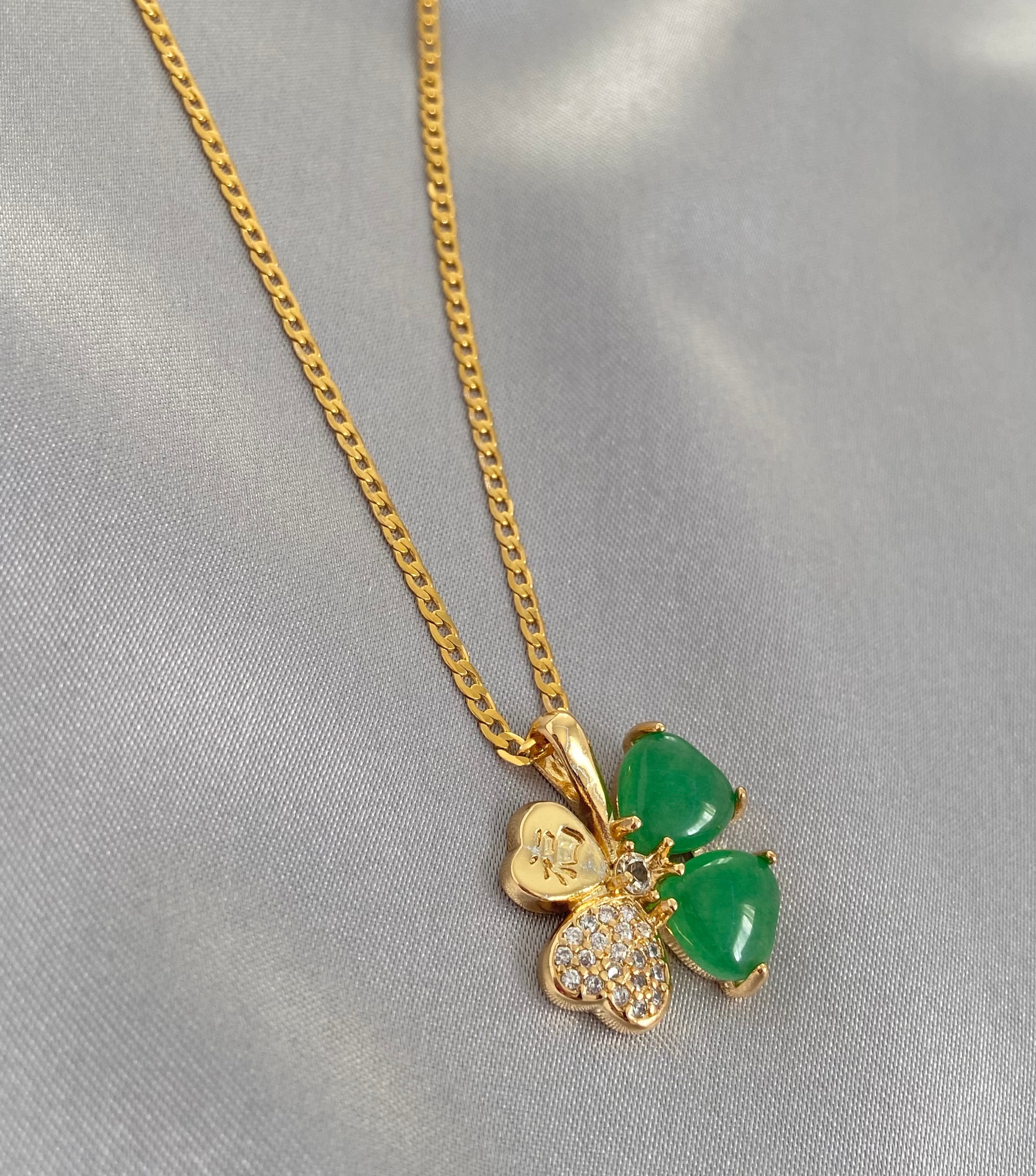 Clover Good Fortune Jade Necklace Gold