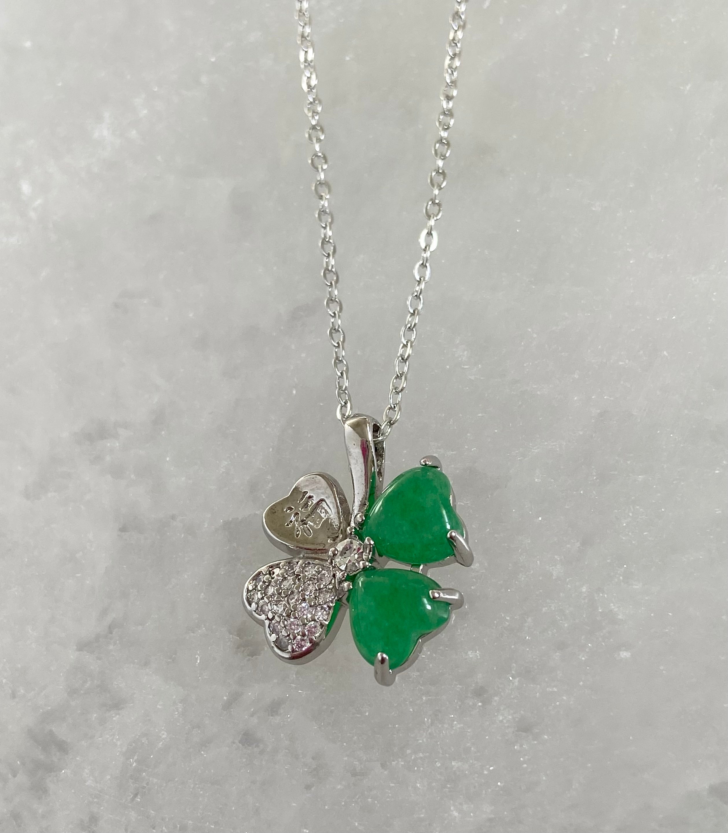 Clover Good Fortune Jade Necklace Silver